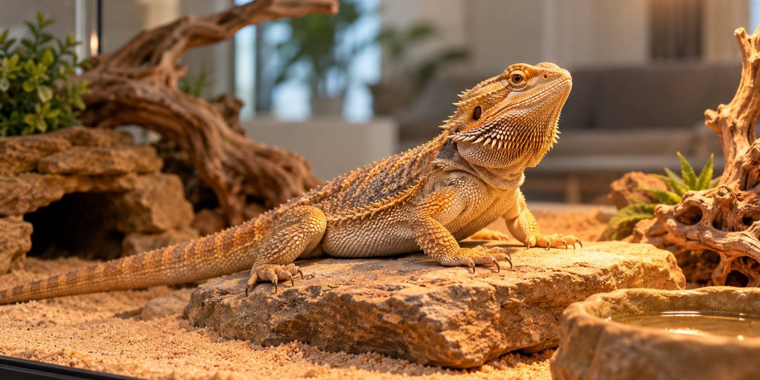 bearded-dragon-basking-vivarium Bearded dragon basking on a rock under a heat lamp in a vivarium