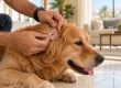 Owner parting the fur on a golden retriever's ear to check for a tick