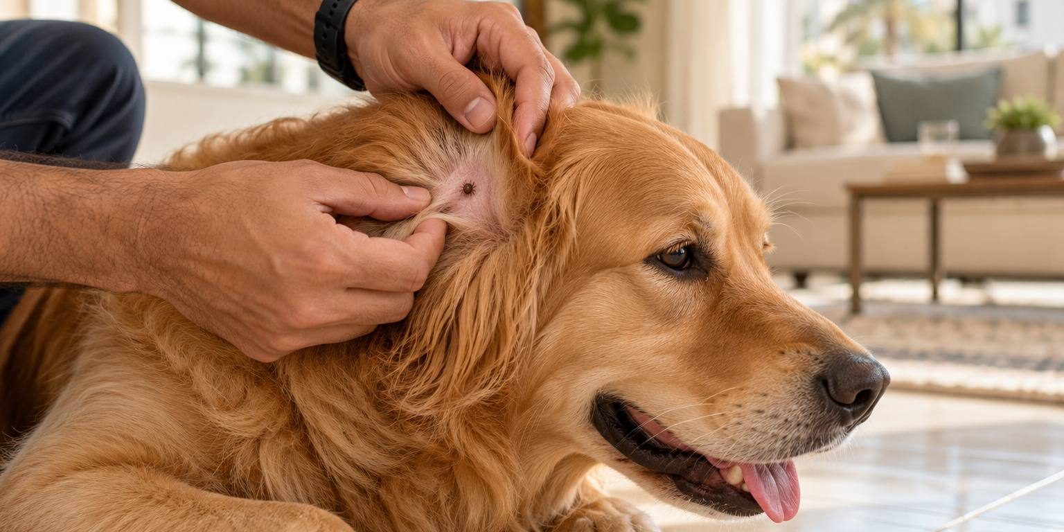 Owner parting the fur on a golden retriever's ear to check for a tick