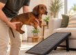 Owner lifting a dachshund near a pet ramp leading up to a sofa