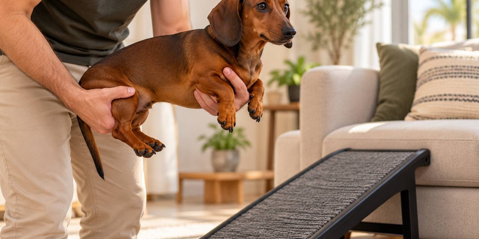Owner lifting a dachshund near a pet ramp leading up to a sofa