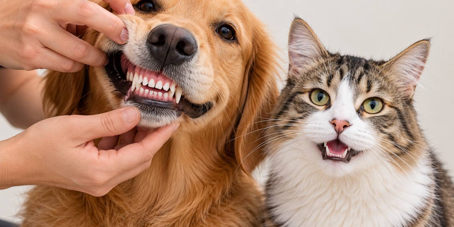 dog-cat-healthy-teeth-gums Owner lifting a dog's lip to show clean teeth and healthy gums, next to a cat