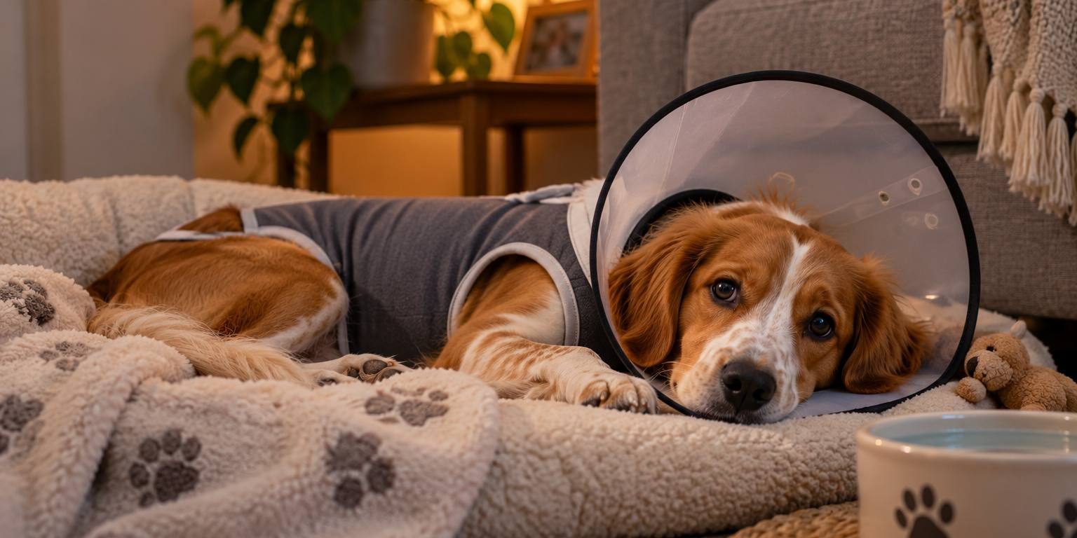 Dog resting at home on a soft bed, wearing a recovery suit and cone after surgery