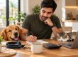 Pet owner planning at a table with a notebook and calculator, with a dog and a sleeping cat beside him