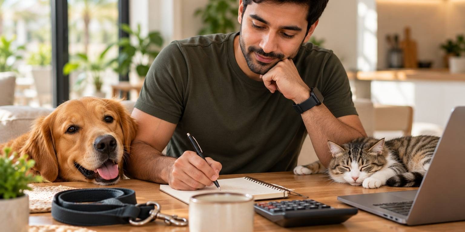 Pet owner planning at a table with a notebook and calculator, with a dog and a sleeping cat beside him
